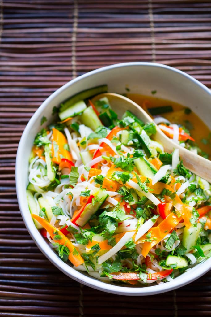A delicious healthy recipe for Vietnamese Rice Noodle Salad with flavorful pickled vegetables.