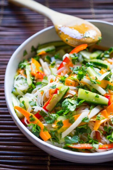 This Vietnamese Noodle Salad is loaded up with crunchy, quick-pickled veggies and mint, tossed in a tangy Nouc Cham Dressing.