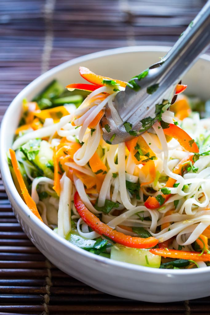 A delicious healthy recipe for Vietnamese Rice Noodle Salad with flavorful pickled vegetables.