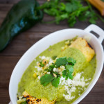 Delicious, Chicken Enchiladas Verde with flavorful Roasted Poblano Sauce. A simple healthy Mexican-inspired meal that is easy and flavorful! Vegan adaptable! #chickenenchiladas #enchiladas #verde #enchiladasverde