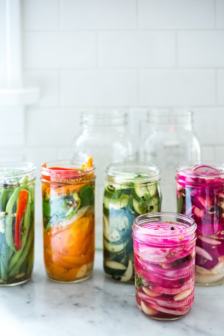 50 MUST-TRY FARMERS MARKET RECIPES! Extend the life of summer produce with this easy recipe for Quick Pickled Veggies! A simple step by step guide to refrigerator pickles! #pickles #refrigeratorpickles #pickledveggies | Feasting At Home