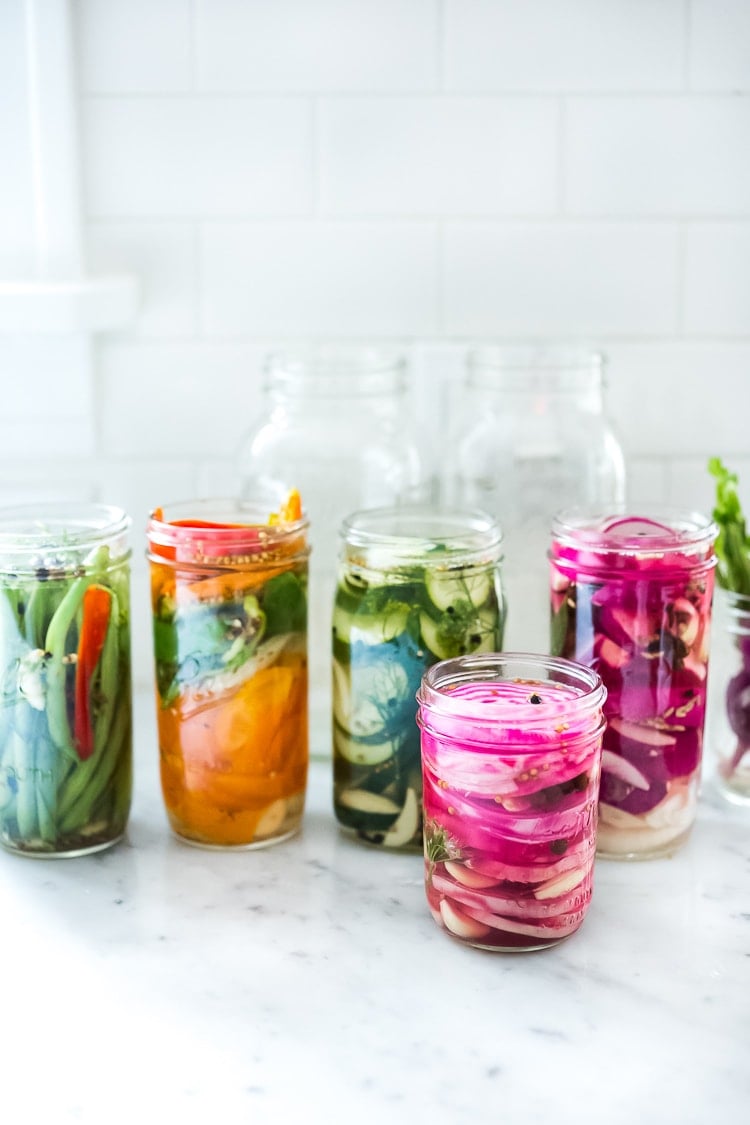 Quick Pickled Vegetables - A simple delicious recipe that can be used with any veggie! Beets, turnips, radishes, carrots, kohlrabi, onions, cauliflower, peppers, or green beans! | www.feastingathome.com #pickledveggies #pickled #pickledvegetables 