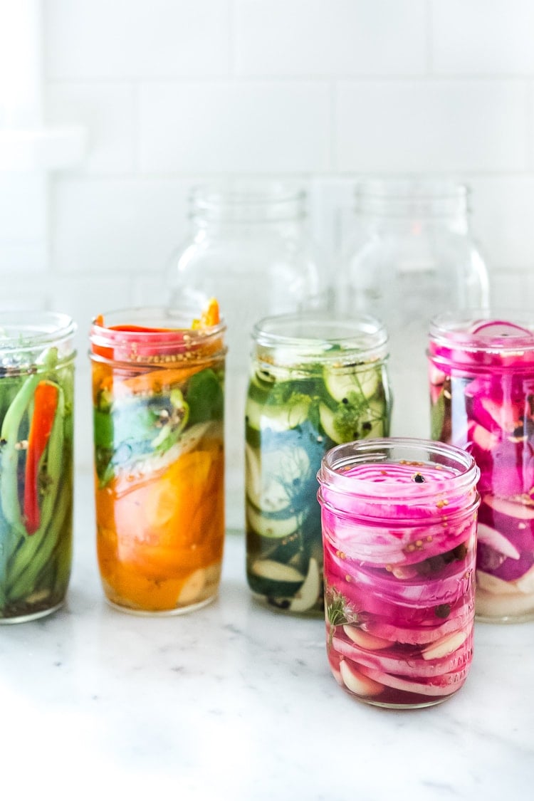 Quick Pickled Vegetables - A simple delicious recipe that can be used with any veggie! Beets, turnips, radishes, carrots, kohlrabi, onions, cauliflower, peppers, or green beans! | www.feastingathome.com #pickledveggies #pickled #pickledvegetables 