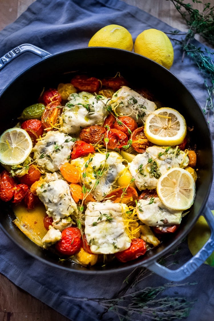 Baked Haddock with roasted tomatoes, fennel and shallots- a simple, easy, healthy one pot meal that can be made in 35 minutes! Gluten-free, Paleo, keto. #haddock #bakedhaddock 