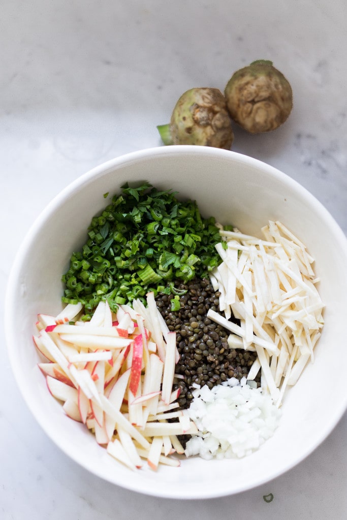 Celeriac Lentil and Apple Salad with a Toasted Cumin Seed Vinaigrette- a delicious healthy meal Vegan, Gluten free! | www.feastingathome.com