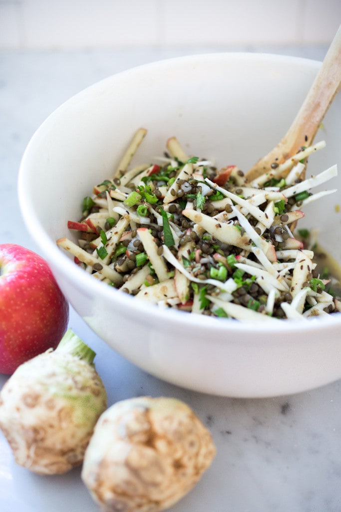  Lentil salad with apples, walnuts, celery root and a delicious, toasted Cumin Seed Dressing. This healthy vegan salad can be made ahead for midweek lunches or potlucks and gatherings. 