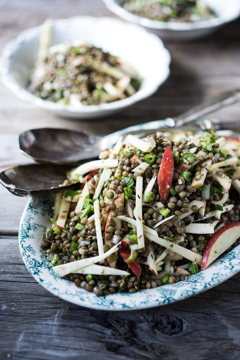 Celery Root, Apple and Lentil Salad with Cumin Seed Dressing. A delicious healthy vegan salad that can be made ahead, perfect for fall! #lentilsalad #celeriac #celeryroot #vegansalad #fallsalad #applesalad 