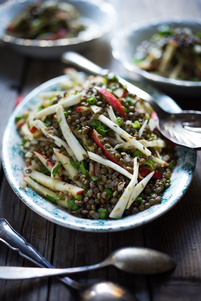  Lentil salad with apples, walnuts, celery root and a delicious, toasted Cumin Seed Dressing. This healthy vegan salad can be made ahead for midweek lunches or potlucks and gatherings. 