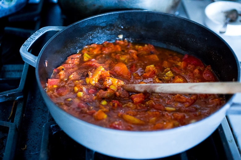 fresh tomato sauce cooking in the pan