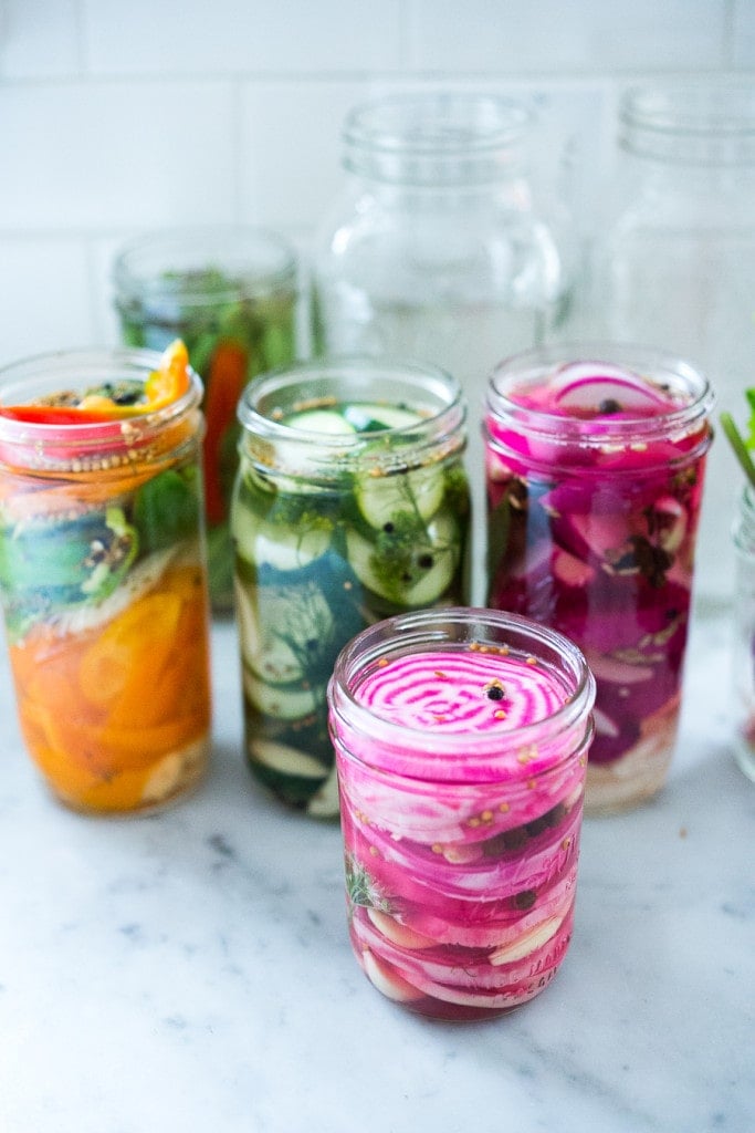 Extend the life of summer produce with the simple recipe for Quick Refrigerator pickles! Try this with Beets, turnips radishes, carrots or green beans! | www.feastingathome.com