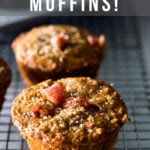 Rhubarb Muffins- a simple healthy one-bowl muffin recipe made with oats, your choice of flour, optional seeds and nuts, sweetened with maple syrup. Vegan and GF adaptable!  #rhubarb #rhubarbmuffins #rubbarbrecipes #muffins #spelt #chia #almonds