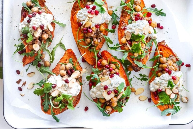 baked sweet potatoes with chickpeas
