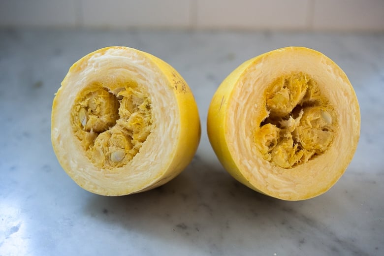 cut the spaghetti squash in half widthwise.