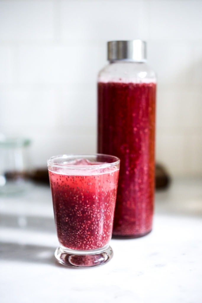 strawberry water kefir with chia seeds. 
