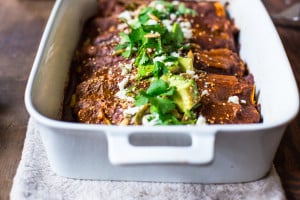 Vegetarian Butternut Enchiladas with Black beans and Mole Sauce