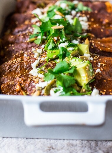 Vegetarian Butternut Enchiladas with Black beans and Mole Sauce