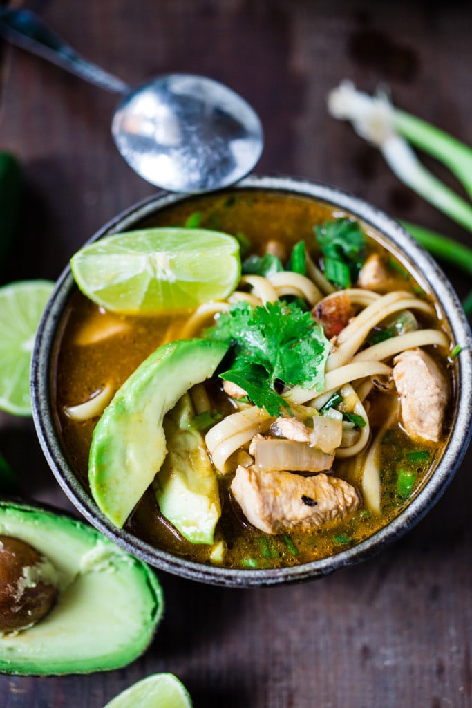 mexican chicken noodle soup in a bowl.