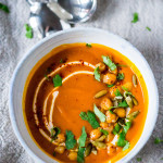 Roasted Kuri Squash soup with Smokey Harissa, crispy chickpeas and "smoked Yogurt" | www.feastingathome.com