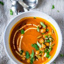 Roasted Kuri Squash Soup with Smokey Harissa and Crispy Chickpeas