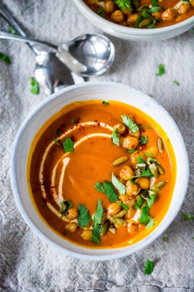 Roasted Kuri Squash soup with Smokey Harissa, crispy chickpeas and "smoked Yogurt" | www.feastingathome.com