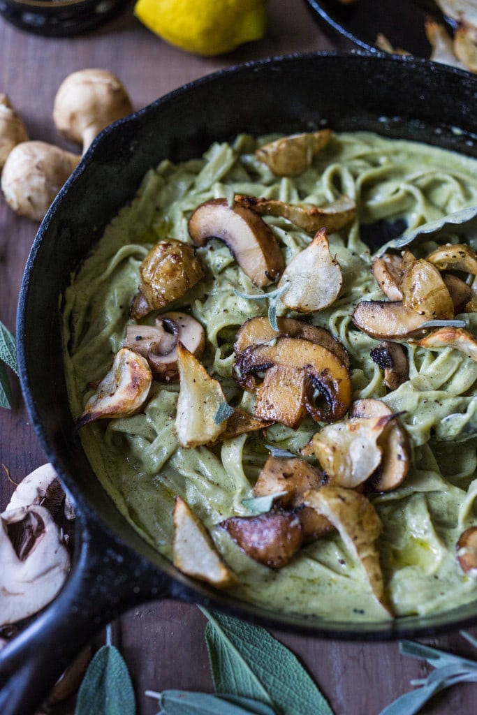 Vegan Mushroom Pasta with roasted sunchokes and a creamy vegan artichoke heart sauce ( use canned or frozen artichoke hearts) that can be made in under 30 minutes! Delicious, healthy, nut-free and totally vegan. #mushroompasta #veganpasta #roastedsunchokes #veganrecipes #plantbased #cleaneating #eatclean #vegan #sunchokerecipes #healthypastarecipes #artichoke #artichokesauce 