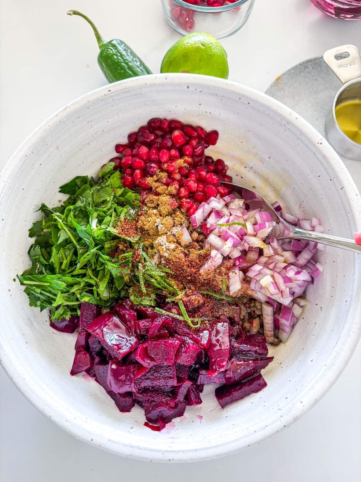 lentil salad ingredients in a bowl.