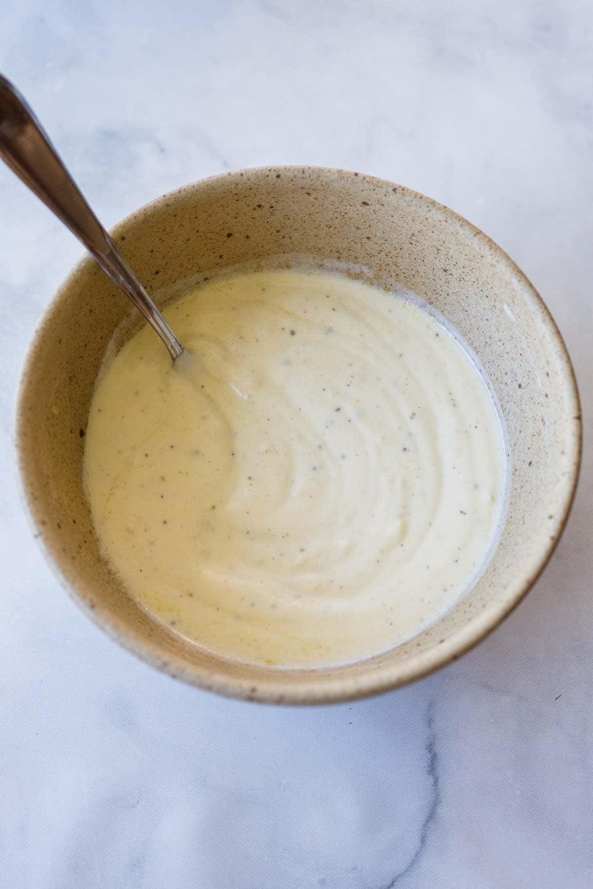 small ceramic bowl with creamy yogurt dressing with spoon.