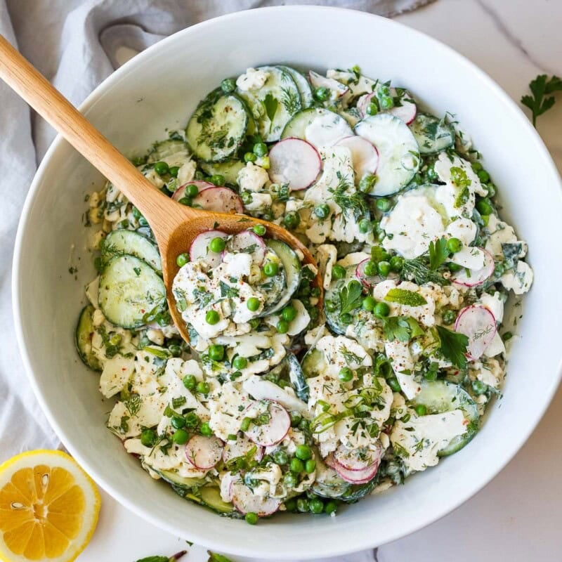 cauliflower salad recipe in a bowl.
