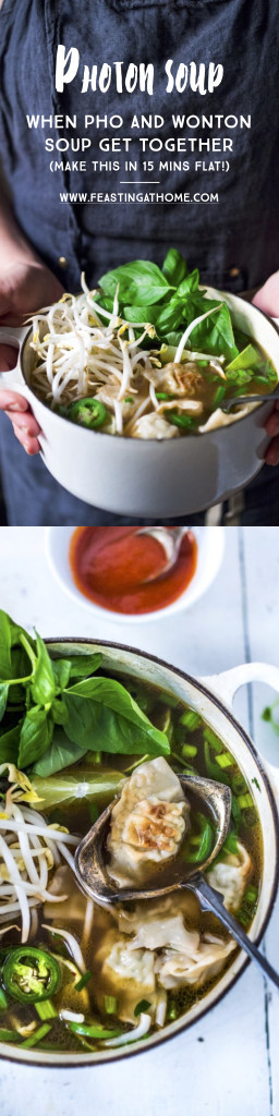 PHOTON SOUP! Vietnamese Pho meets Wonton Soup - a fast and flavorful soup can be made in 15 minutes flat! Healing, nourishing and flavorful. | #pho #wontonsoup #wontons #soup #phosoup www.feastingathome.com