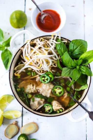 PHOTON SOUP! Vietnamese Pho meets Wonton Soup - a fast and flavorful soup can be made in 15 minutes flat! Healing, nourishing and flavorful. | #pho #wontonsoup #wontons #soup #phosoup www.feastingathome.com