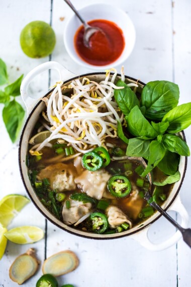 PHOTON SOUP! Vietnamese Pho meets Wonton Soup - a fast and flavorful soup can be made in 15 minutes flat! Healing, nourishing and flavorful. | #pho #wontonsoup #wontons #soup #phosoup www.feastingathome.com