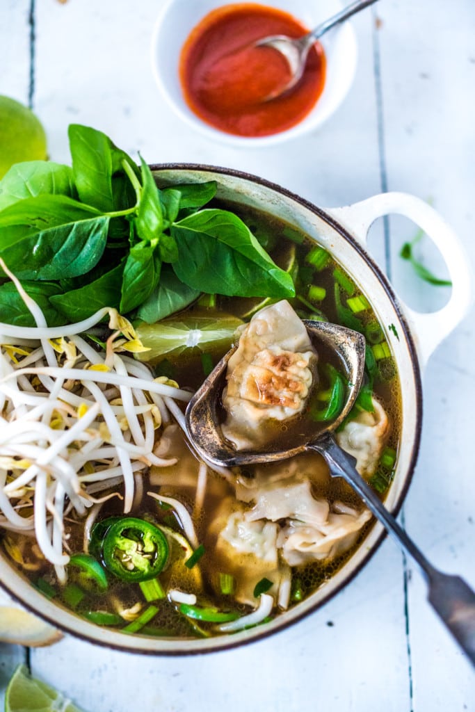 PHOTON SOUP! Vietnamese Pho meets Wonton Soup - a fast and flavorful soup can be made in 15 minutes flat! Healing, nourishing and flavorful. | #pho #wontonsoup #wontons #soup #phosoup www.feastingathome.com