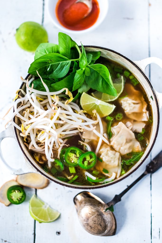 PHOTON SOUP! Vietnamese Pho meets Wonton Soup - a fast and flavorful soup can be made in 15 minutes flat! Healing, nourishing and flavorful. | #pho #wontonsoup #wontons #soup #phosoup www.feastingathome.com