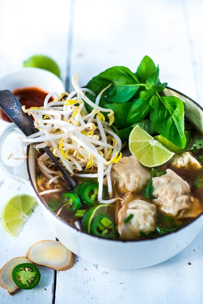 Wonton Soup Meets Pho! a cross between Vietnamese Pho and Wonton Soup that can be made in 15 minutes flat! Healing, nourishing and flavorful. | www.feastingathome.com