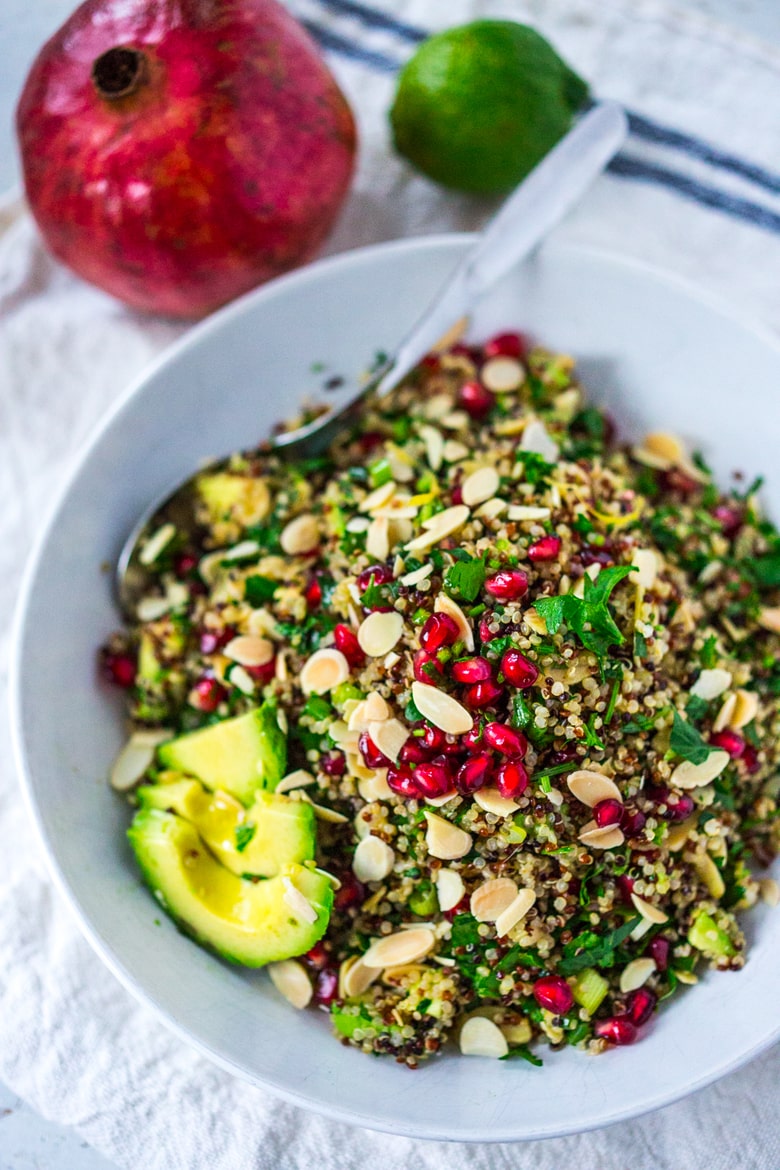 Vegan Quinoa Salad With Pomegranate Seeds Almonds Feasting At Home