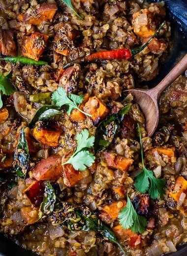 Sweet Potato Dal-a comforting Lentil Dal with Sweet Potatoes and a flavorful "tempering oil". A 30 minute vegetarian meal that is simple to make and full of fragrant Indian spices. Vegan adaptable! #lentils #dal #lentildal #sweetpotatodal #sweetpotatoes #vegan #glutenfree