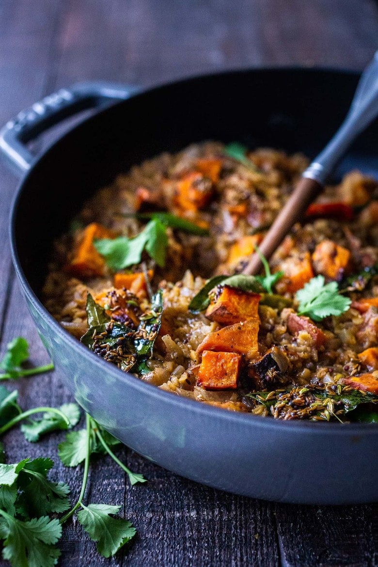 Sweet Potato Dal-a comforting Lentil Dal with Sweet Potatoes and a flavorful "tempering oil". A 30 minute vegetarian meal that is simple to make and full of fragrant Indian spices. Vegan adaptable! #lentils #dal #lentildal #sweetpotatodal #sweetpotatoes #vegan #glutenfree