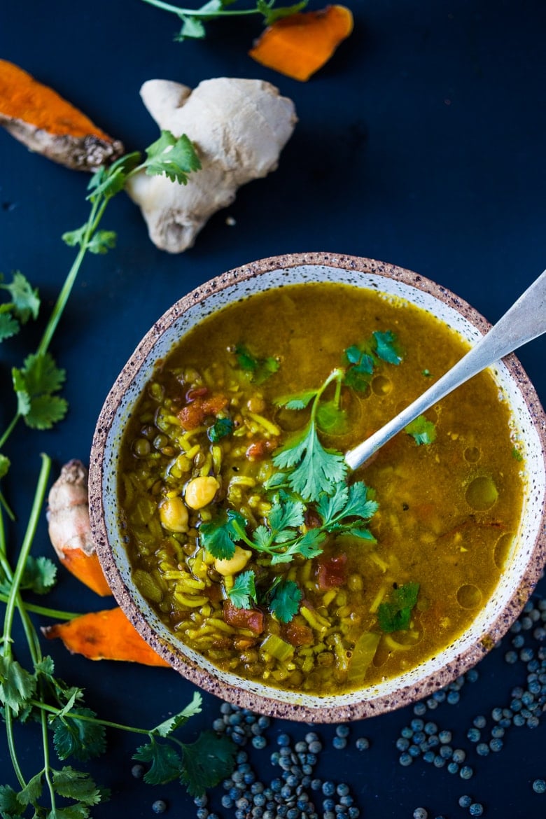 Turmeric Broth Detox Soup- A fragrant, healing broth with rice, kale, lentils, chickpeas and cilantro! | www.feastingathome.com