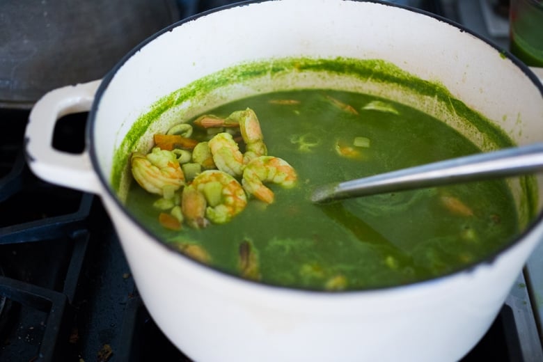 A delicious recipe for Peruvian Seafood Stew with Cilantro Broth, with potatoes and carrots. Healthy, Gluten free, Easy... and can be made in 35 minutes! | www.feastingathome.com