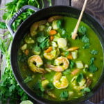 A delicious recipe for Peruvian Seafood Stew with Cilantro Broth, with potatoes and carrots. Healthy, Gluten free, Easy... and can be made in 35 minutes! | www.feastingathome.com