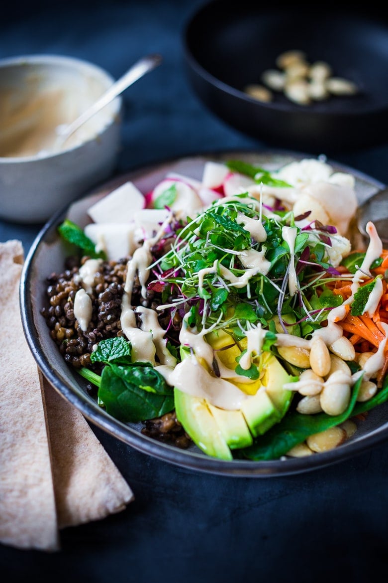 25 BEST Lentil Recipes! Healthy delicious Lentil recipes like this Vegan Lentil Bowls with Tahini Dressing loaded up with seasonal veggies, greens, sprouts, almonds, avocado, fresh mint, and the best tahini sauce!  Vegan and GFVegan Lentil Bowls with Tahini Dressing loaded up with seasonal veggies, greens, sprouts, almonds, avocado, fresh mint, and the best tahini sauce!  Vegan and GF