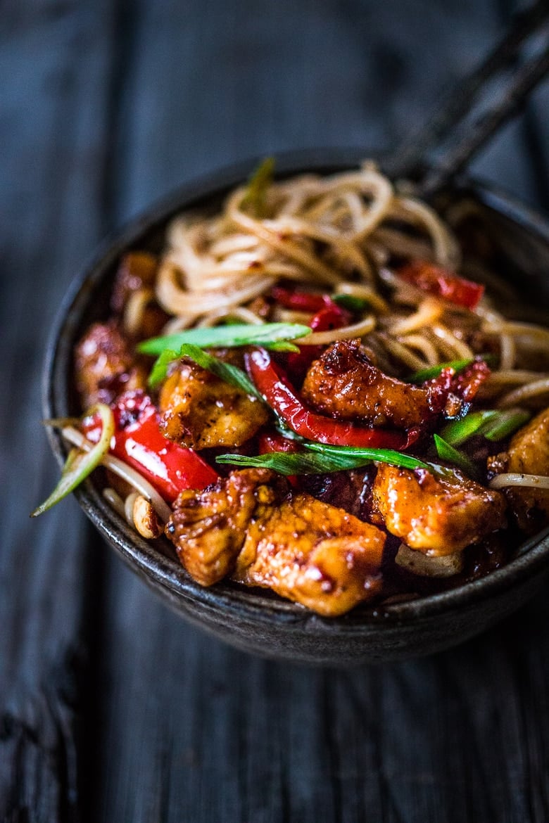 A simple delicious recipe for Kung Pao Noodles that can be made with chicken, tofu. fish or vegetables, served over noodles. | www.feastingathome.com