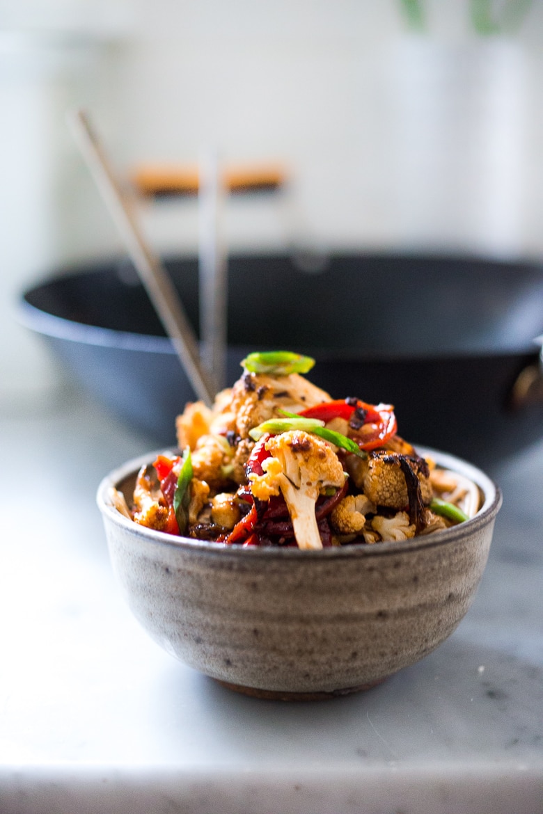  Kung Pao Noodles with roasted cauliflower served over noodles. | www.feastingathome.com