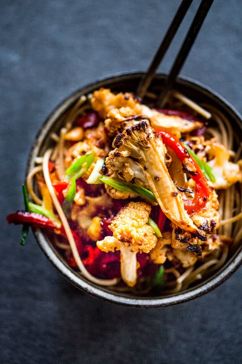  Kung Pao Cauliflower over noodles. Fast and delicious! | www.feastingathome.com