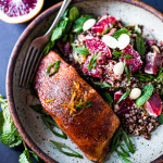 A Simple Moroccan Salmon Recipe that can be made in less than 20 minutes, baked with flavorful Moroccan spices. | www.feastingathome.com #salmon #bakedsalmon #moroccan #moroccanrecipes #moroccansalmon