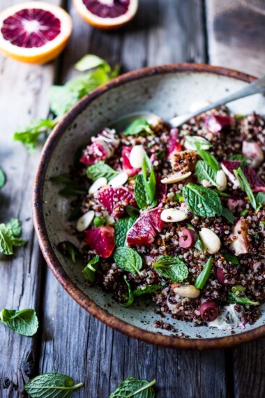 Moroccan Quinoa and Blood Orange Salad with Almonds, olives and mint. #quinoarecipes