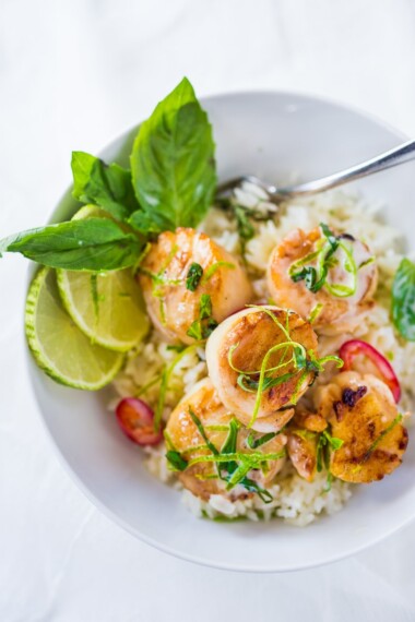 Seared Scallops with lemongrass coconut sauce | www.feastingathome.com