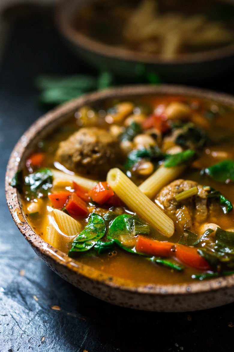 Smoky Tomato Detox Soup- a healing detoxing pot of soup- with beans, vegan "meat balls", spinach, pasta, or make it your own. Nutritious and cleansing. Vegan, Gluten Free. | www.feastingathome.com