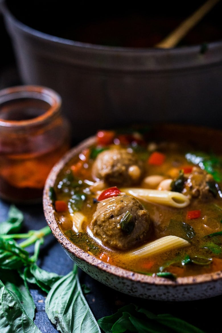 ( Vegan) Smoky Tomato Broth- a healing detoxing pot of soup- with beans, vegan "meat balls", spinach, pasta, or make it your own. Nutritious and cleansing. Vegan, Gluten Free. | www.feastingathome.com