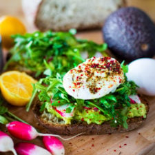 Avocado Toast with Zaatar, Poached Eggs, Radishes and Arugula
